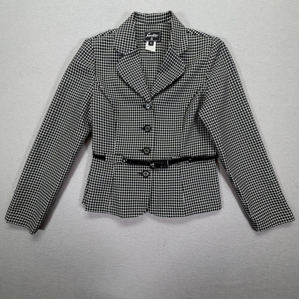 Sweet Suit Women‎ Blazer Tailored Black White Grid Belted 8